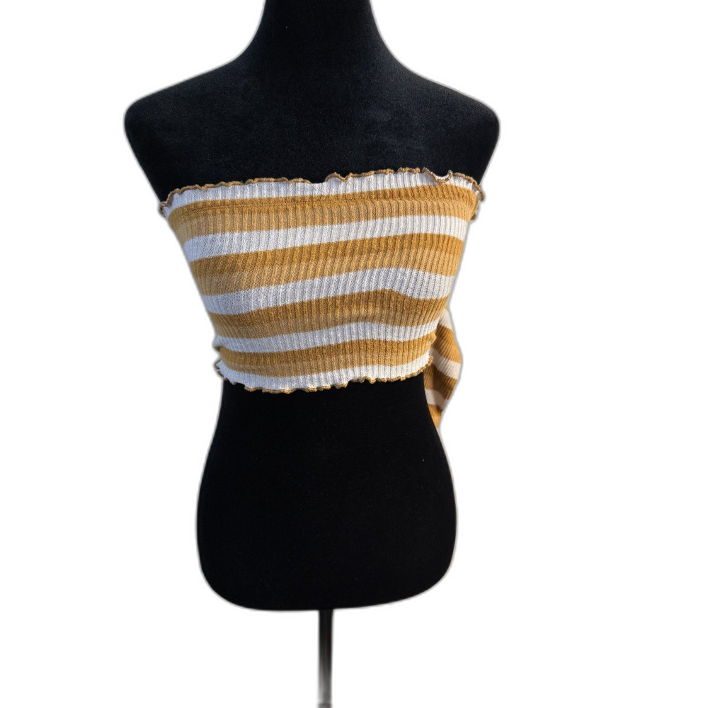 Forever 21 Mustard & White Stripe Ribbed Tube Top — Lettuce Hem, Strapless